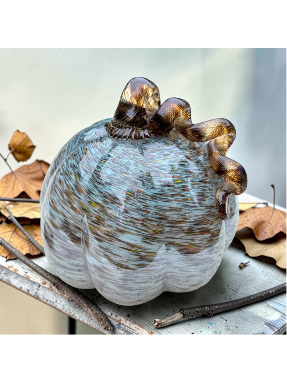 Hand Blown Art Glass Pumpkin Heavy Blue Glass Gourd Amber Curly Vine Stem Multi